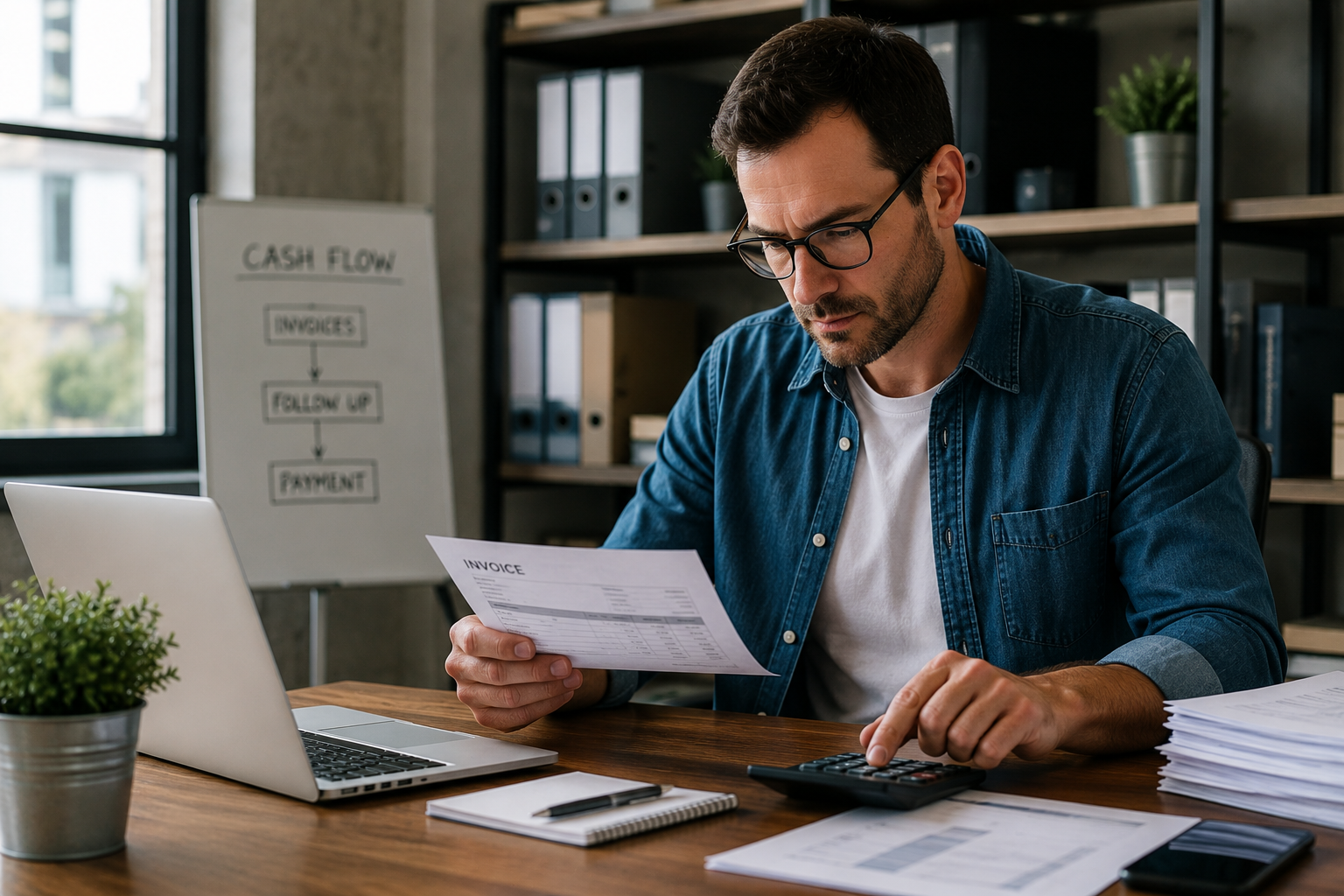 Small business owner reviewing unpaid invoices and cash flow recovery options