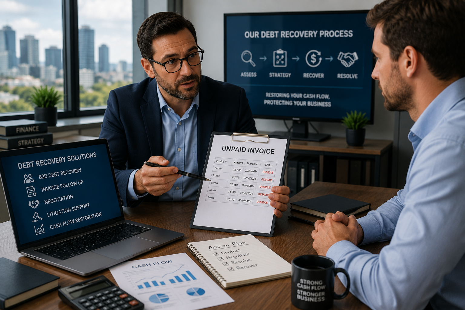 Specialized debt recovery agency helping a business recover unpaid B2B invoices and restore cash flow